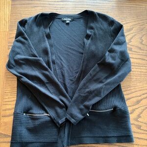 Roz & Ali Black Ribbed Open-Front Cardigan with Zip Pockets
